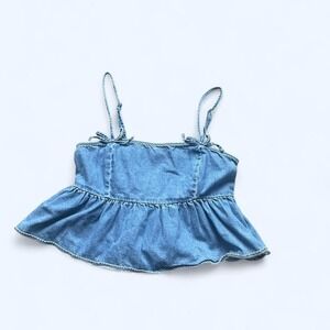 American Eagle blue denim babydoll top ruffle trim and tie straps size petite S